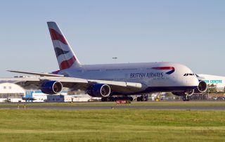British Airways flight BA85 rolls out on YVR’s Rwy 26L – the first scheduled A380 in Vancouver – Photo: Leighton Matthews | Pacific Air Photo