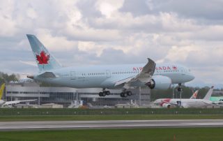 Air Canada's first 787-8 flares for landing, after its first short test flight. Photo: Barry Evans