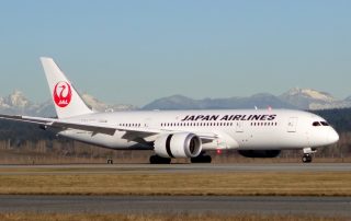 Japan Airlines' 787 Dreamliner rolls out after landing at YVR.