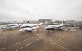 The British Airways retro-jets gather on a rainy day at Heathrow Airport. Photo: British Airways