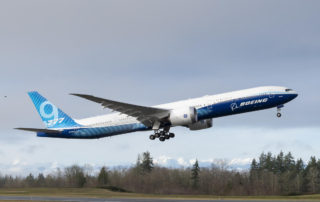 Boeing 777-9 lifts off on its first flight at Paine Field.